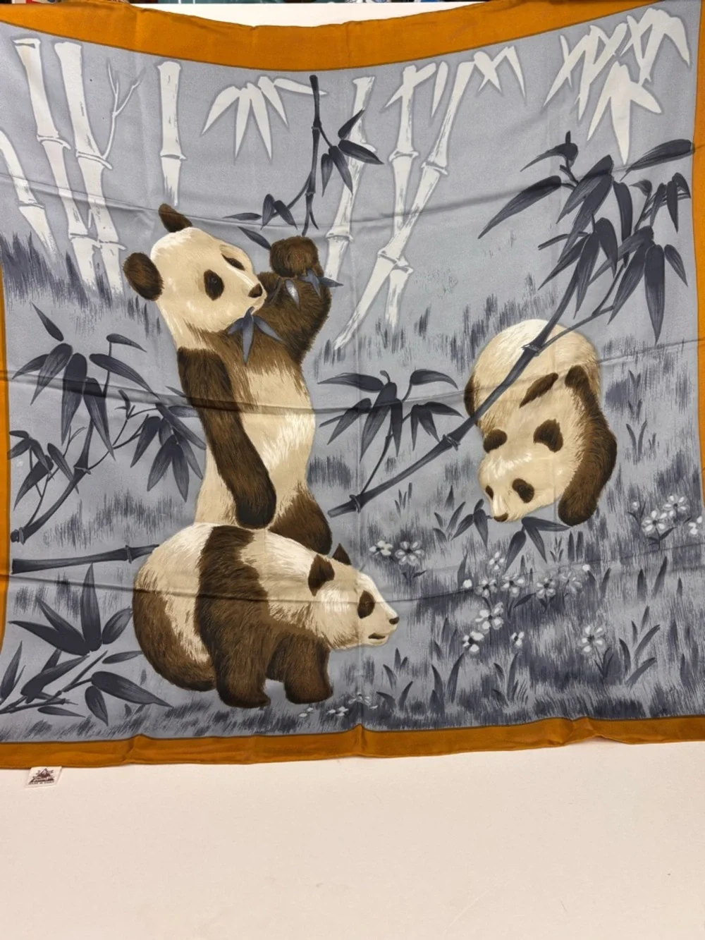 Vintage Silk Panda Print Large Square Scarf Blue Grey Mustard Border‎